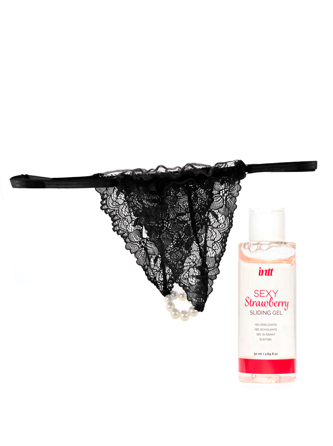 Kit Tanga de Placer & Lubricante Comestible de Fresa - Negro