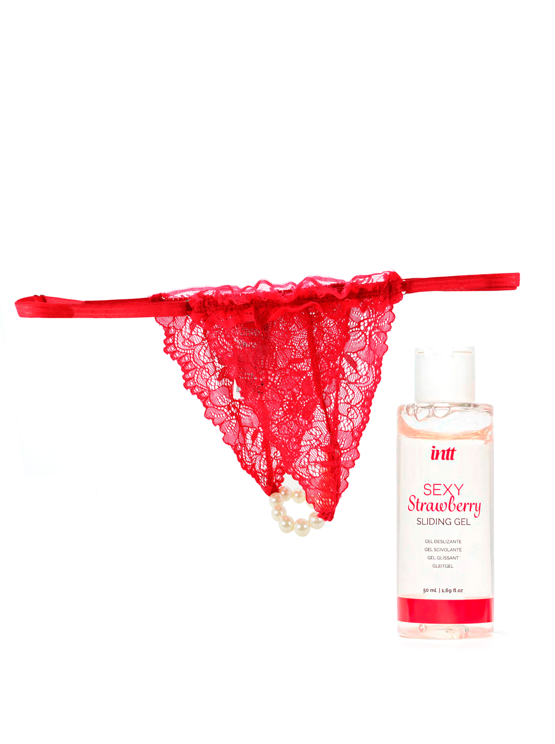Kit Tanga De Placer & Lubricante Comestible de Fresa - Rojo